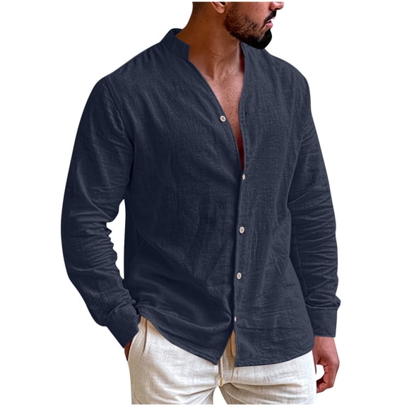 Kukoosong Men's V-Neck Long Sleeve Casual Button-Down Shirt with Lightweight Breathable Linen Blend Fabric for Beach and Office Wear, Solid Color Pullover Top with Mandarin Collar and Active Fit