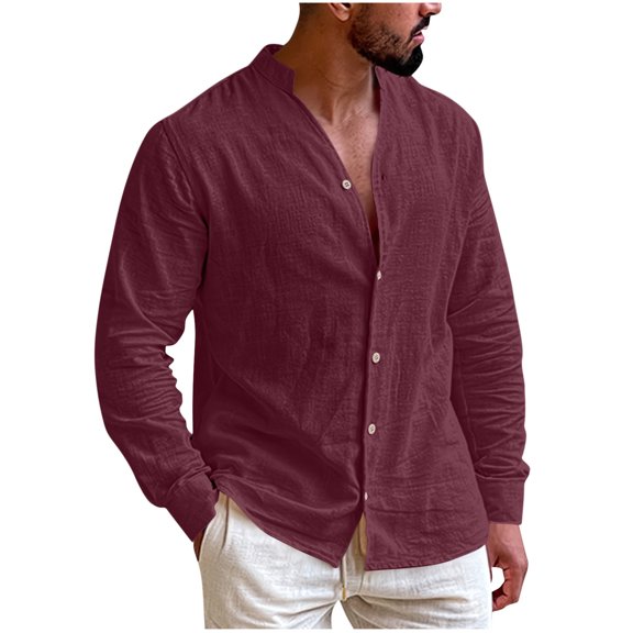 Kukoosong Men's V-Neck Long Sleeve Casual Button-Down Shirt with Lightweight Breathable Linen Blend Fabric for Beach and Office Wear, Solid Color Pullover Top with Mandarin Collar and Active Fit