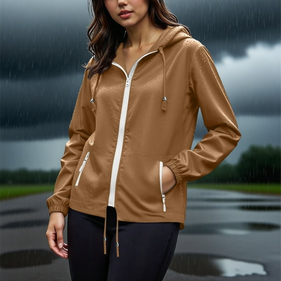 Kukoosong Oversized Women's Rainproof Jacket Outdoor Lightweight Zipper Athletic Jacket with Pockets