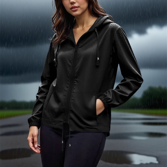 Kukoosong Oversized Women's Rainproof Jacket Outdoor Lightweight Zipper Athletic Jacket with Pockets