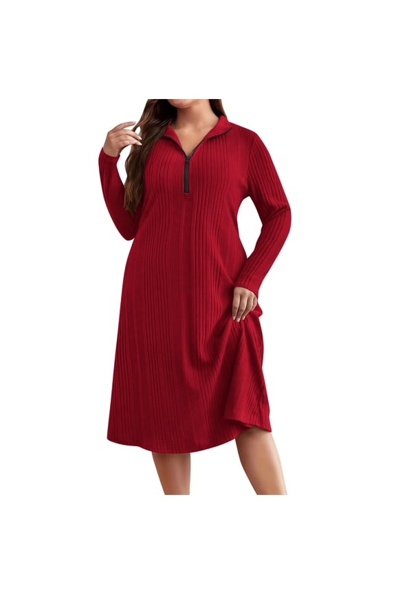 Plus Size Women's Casual Spring Long Sleeve Collared Shirt Dress with Half Zipper, Loose Fit Solid Color Knee-Length Dress for Daily Party Wear Dresses