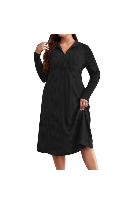 Plus Size Women's Casual Spring Long Sleeve Collared Shirt Dress with Half Zipper, Loose Fit Solid Color Knee-Length Dress for Daily Party Wear Dresses
