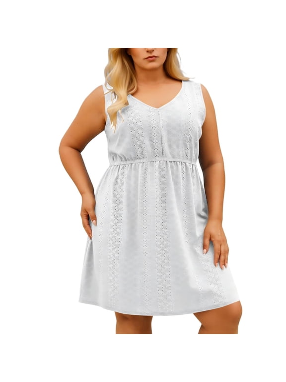 Plus Size Women's Sleeveless Dress, V-Neck Hollow Out Embroidery Tank Dress, Casual A-Line Knee Length Empire Waist Flowy Summer Dress