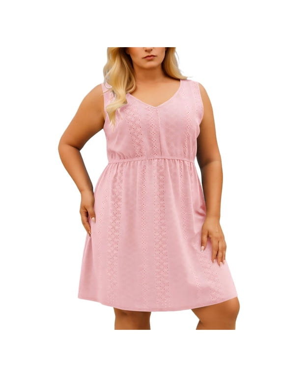 Plus Size Women's Sleeveless Dress, V-Neck Hollow Out Embroidery Tank Dress, Casual A-Line Knee Length Empire Waist Flowy Summer Dress