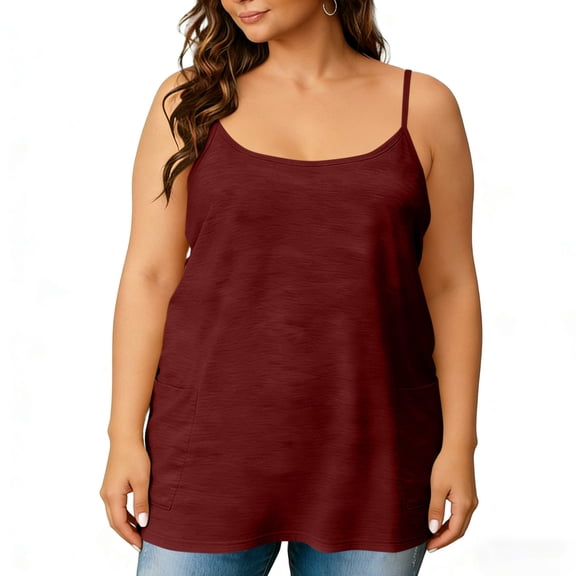 Kukoosong Plus Size Women's Summer Casual Solid Color Pocket Loose Fit Round Neck Sleeveless Tank Top Cami with for Comfortable Breathable Daily Wear