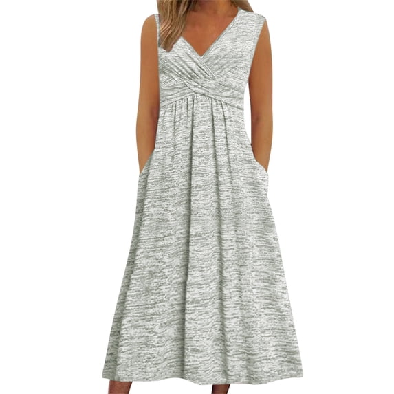 Kukoosong Plus Size Women's Summer Spring Casual V-Neck Sleeveless Print A-Line Tea-Length Dress for Wedding Guest Cocktail Party Dresses