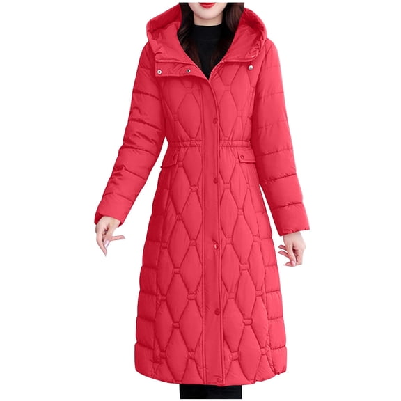 Kukoosong Quilted Jackets for Women, Winter Long Thicken Hooded Puffer Jacket, Fashion Casual Padded Parkas Down Coat with Pockets
