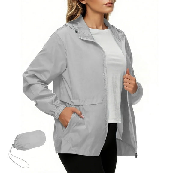 Kukoosong Rain Jacket for Women Outdoor Waterproof Zipper Jacket Packable Raincoat with Hood for Golf Hiking Travel