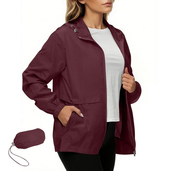 Kukoosong Rain Jacket for Women Outdoor Waterproof Zipper Jacket Packable Raincoat with Hood for Golf Hiking Travel