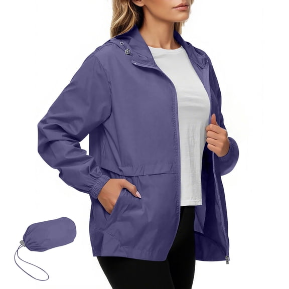 Kukoosong Rain Jacket for Women Outdoor Waterproof Zipper Jacket Packable Raincoat with Hood for Golf Hiking Travel