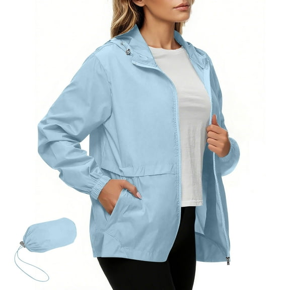 Kukoosong Rain Jacket for Women Outdoor Waterproof Zipper Jacket Packable Raincoat with Hood for Golf Hiking Travel