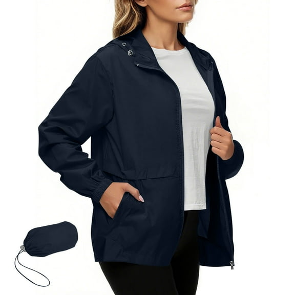 Kukoosong Rain Jacket for Women Outdoor Waterproof Zipper Jacket Packable Raincoat with Hood for Golf Hiking Travel