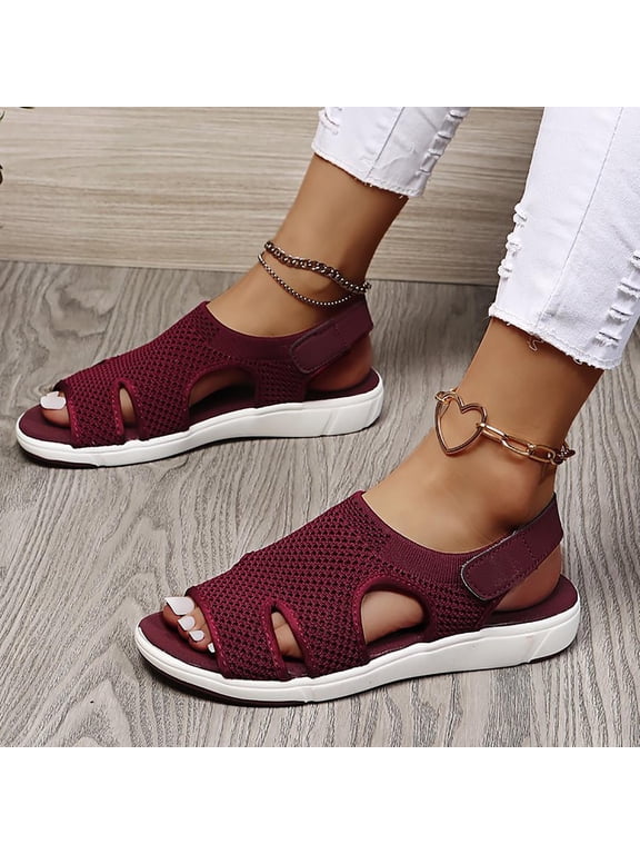 Sandals Women Summer Ladies Sandals Breathable Elastic Webbing Platform Casual Sandals Flat Summer Beach Sandals Red 39