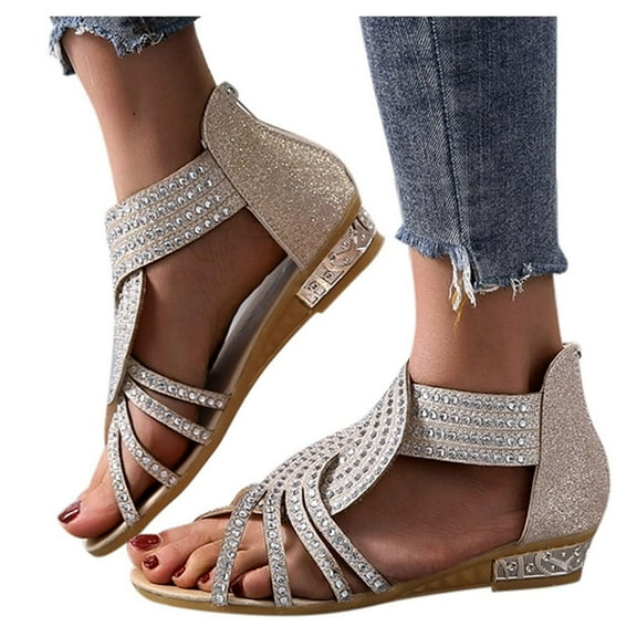 Kukoosong Sandals Women Summer Women Wedges Open Toe Breathable Sandals Zipper Casual Rhinestones Shoes Flat Summer Beach Sandals Beige 41