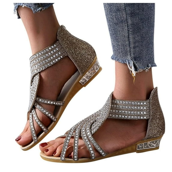 Kukoosong Sandals Women Summer Women Wedges Open Toe Breathable Sandals Zipper Casual Rhinestones Shoes Flat Summer Beach Sandals Gold 39