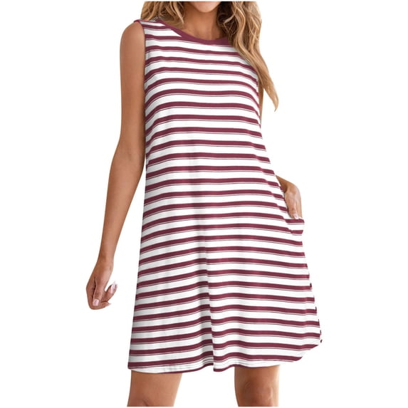 Kukoosong Summer Casual Sleeveless Crew Neck Striped Dress for Women with Loose Fit Breathable Knee-Length Dresses