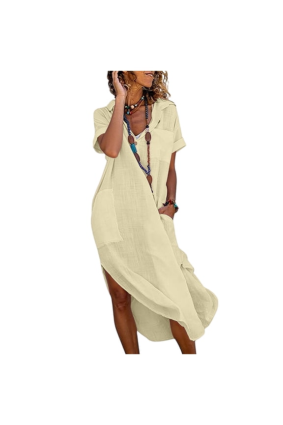 Summer Dresses for Women Casual Linen Peasant Tea-Length Short Sleeve Button Front Solid Color Crew Neck Dresses