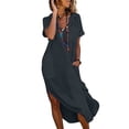thumbnail image 1 of Kukoosong Summer Dresses for Women Casual Linen Peasant Tea-Length Short Sleeve Button Front Solid Color Crew Neck Dresses, 1 of 7