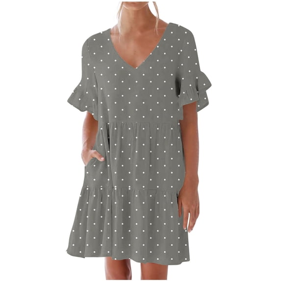 Kukoosong Summer Dresses for Women Sweet Cute V-Neck T-Shirt Casual Mid-Length Short Sleeve with Ruffle Sleeves Pockets and Polka Dot Dresses