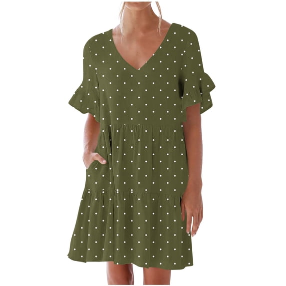 Kukoosong Summer Dresses for Women Sweet Cute V-Neck T-Shirt Casual Mid-Length Short Sleeve with Ruffle Sleeves Pockets and Polka Dot Dresses