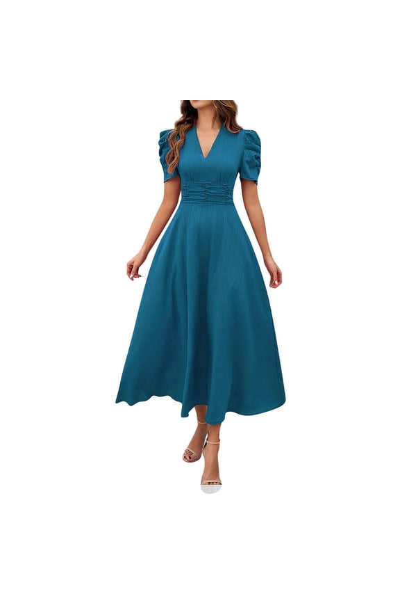 Summer Dresses for Women V-Neck A-Line Tea-Length Short Sleeve Slim Fit Elegant Dress with High Waist and Solid Color Dresses