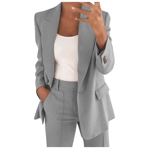 Kukoosong Summer Saving Clearance! Two Piece Outfits for Women Suits Blazer and Pants Women Solid Long Sleeve Tops Cardigan Coat Pockets Long Pants Suit Gray L