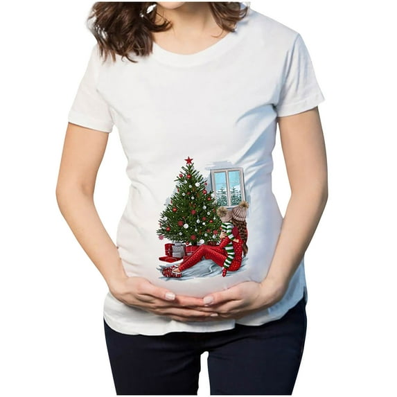 Kukoosong Women's Short Sleeve Maternity T Shirt Clothes for Women Christmas T-Shirt Elk Snowman Cartoon Print Maternity Clothing Short Sleeve Top Pregnancy T-Shirt Blue S