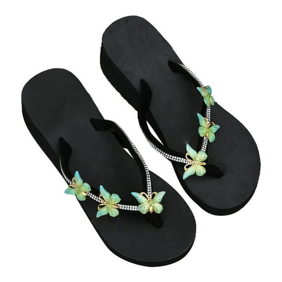 Kukoosong Summer Women Sandals Casual Beach Sandals for Women Rhinestone Slope Heel Open Toe Bow-Knot Slippers Clip-Toe Shoes Casual Comfortable Flip Flop Shoes Green Size 42