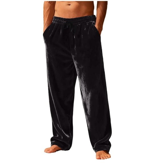 Kukoosong Sweatpants for Men, Men's Solid Color Elastic Waist Flannel Warm Straight Leg Long Pants, Loose Comfy Trousers