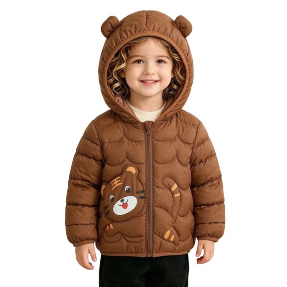 Kukoosong Toddler Cute Tiger 3D Ear Hooded Puffer Jacket, Lightweight Full Zip Long Sleeve Tiger Print Coat, Fall Winter Warm Outerwear for Baby Boys and Girls