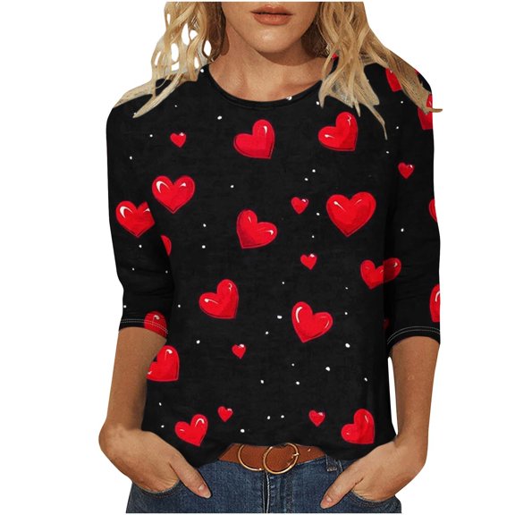 Kukoosong Valentines Shirts for Women Love Heart Grahic Print Valentine T Shirts Summer Oversized 3/4 Sleeve Crewneck Tee Shirts