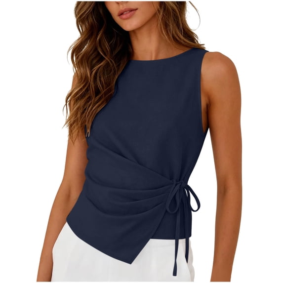 Kukoosong Women Crew Neck Ruched Side Wrap Tie Tank Tops, Irregular Asymmetric Hem Sleeveless Shirt, Soft Summer Beach Travel Casual Daily Going Out Shirts