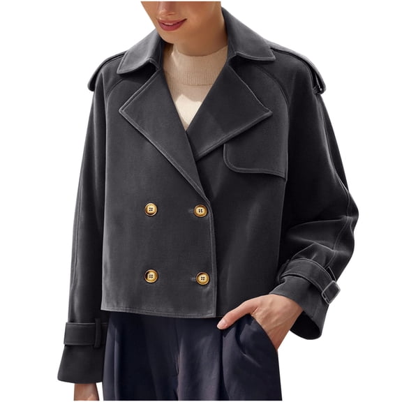 Kukoosong Women Crop Pea Coat, Winter Loose Casual Double-Breasted Peacoat, Elegant Slim Wool Blend Jacket Outwear