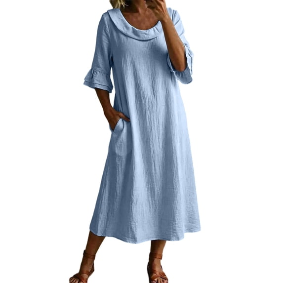 Kukoosong Women's 3/4 Sleeve Midi Dress, Cowl Neck Ruffle Cuff Flowy Dress, Casual Summer Beach Cotton Sundress Lightweight Side Pockets Loose Fit