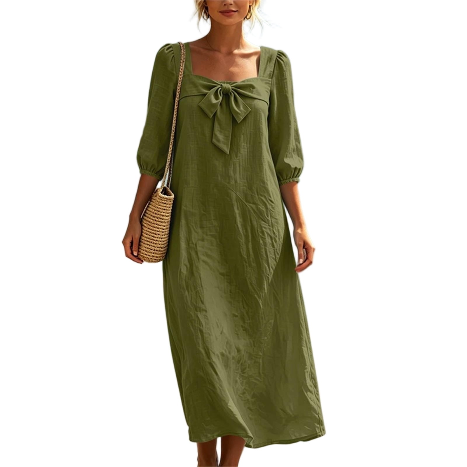 square neck midi summer dress Kukoosong Women's 3/4 Sleeve Square Neck Midi Dress, Bow Puff Sleeve Flowy A-Line Dress, Casual Summer Dress for Women, Size: Medium, Green