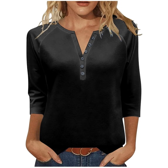 Kukoosong Women's 3/4 Sleeve T-Shirt Casual Loose Deep V-neck Button Tee Solid Color Soft Comfy Tops for Women