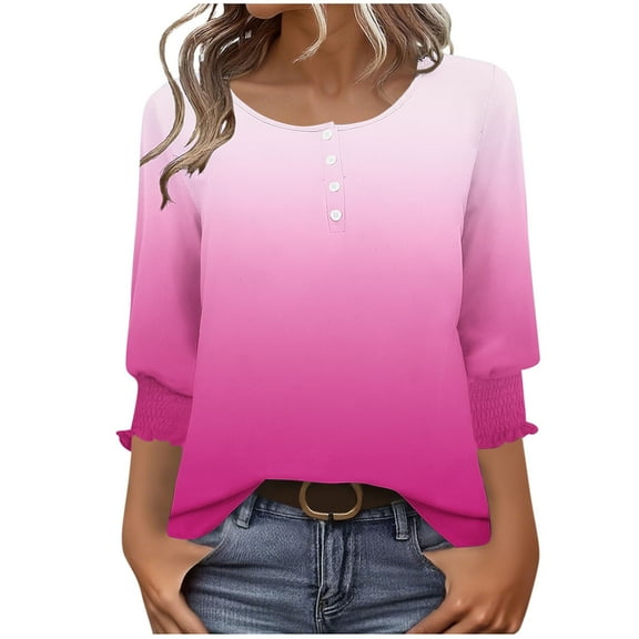 Kukoosong Women's 3/4 Sleeve T-shirts Fashion Crewneck Button-down Shirt Loose Comfy Trendy Pullover Tops