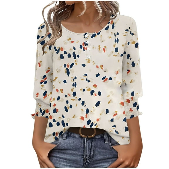 Kukoosong Women's 3/4 Sleeve T-shirts Fashion Crewneck Button-down Shirt Loose Comfy Trendy Pullover Tops