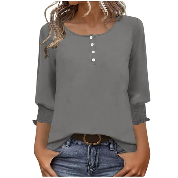 Kukoosong Women's 3/4 Sleeve T-shirts Fashion Crewneck Button-down Shirt Loose Comfy Trendy Pullover Tops