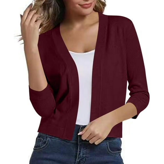 Kukoosong Women's 3/4 Sleeve V-Neck Cardigan Short Knitted Sweater