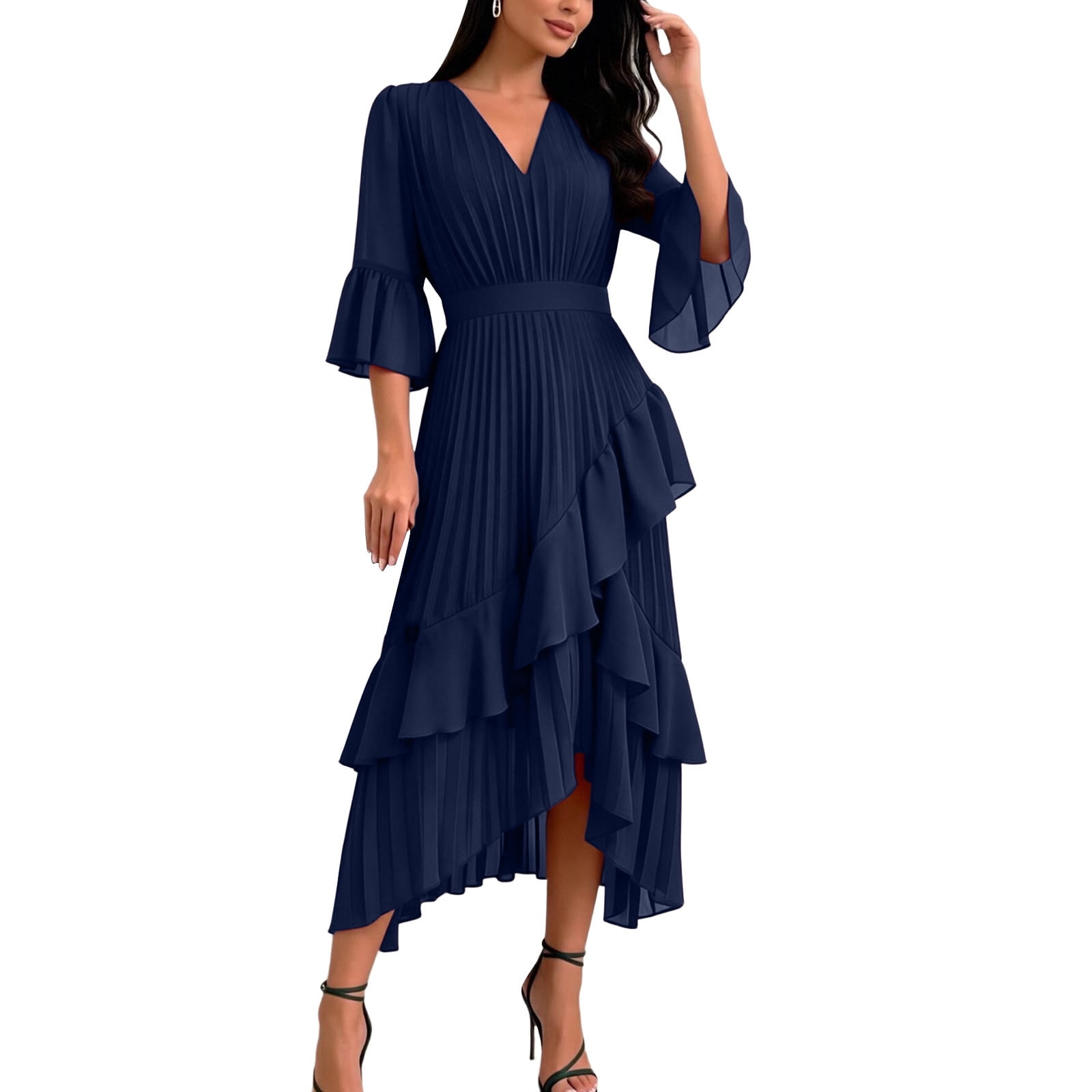 3 4 sleeve a line cocktail dress Kukoosong Women's 3/4 V-Neck Pleated Midi Dress, Tiered Ruffle Hem Asymmetrical Flowy A-Line Dress, Formal Party Elegant Wrap dress Color:Peacock  Blue lx-WDRS454 Serisse Women's Vertical Striped creates a refined shape