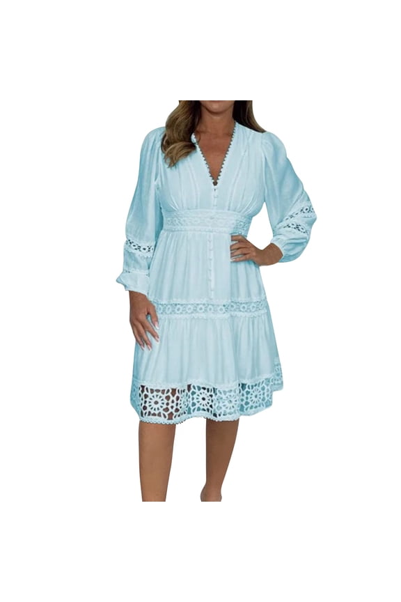 Women's A-Line V-Neck Long Sleeve Solid Mid-Calf Casual Summer Dress for Party, Wedding, Work and Vacation Dresses