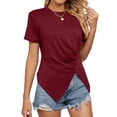 thumbnail image 1 of Kukoosong Women's Asymmetric Hem T-Shirts Solid Color Short Sleeve Crew Neck Pullover for Summer Casual, Split Detail Trendy Elegant Tee Shirt for Women, 1 of 7