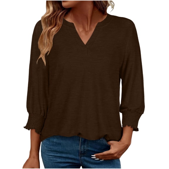 Kukoosong Women's Blouses Dressy Casual Tops,Women V-neck Pleated Cuffs 3/4 Sleeves solid Color Top