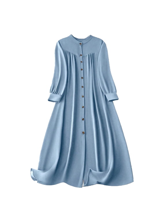 Women's Bohemian V-Neck Long Sleeve Peasant Dress with Button Front Solid Color Loose Fit Tea-Length for Casual Party and Wedding Dresses