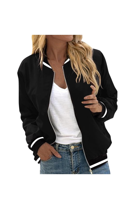 Women's Bomber Jacket, Varsity Casual Button Down Lightweight Jacket, Fall Fashion Short School Outfits with Pockets