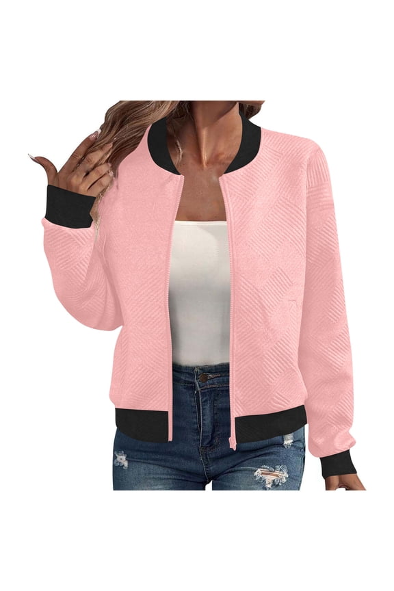 Women's Bomber Jacket Varsity Casual Zipper Coarse Knitted Baseball Jacket