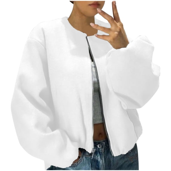 Kukoosong Women's Bomber Jacket, Zip up Double Pocket Lightweight Jacket, Fall Fashion Short Hoodless Outwear with Pockets