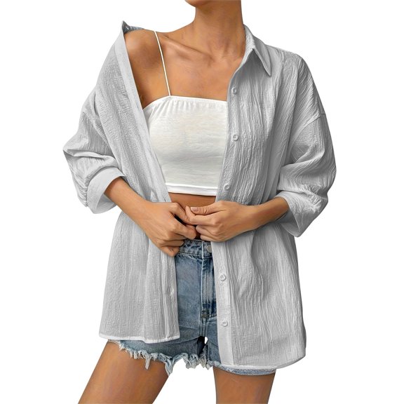 Kukoosong Women's Button Down Shirts Lapel Long Sleeve Shirt Collared Pocketed Casual Blouses