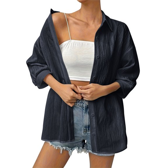 Kukoosong Women's Button Down Shirts Lapel Long Sleeve Shirt Collared Pocketed Casual Blouses